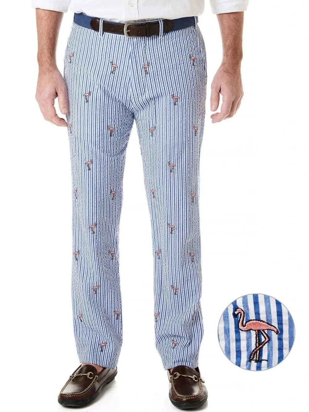 Castaway Blue and White Striped Seersucker  flamingo print Pants size 30”